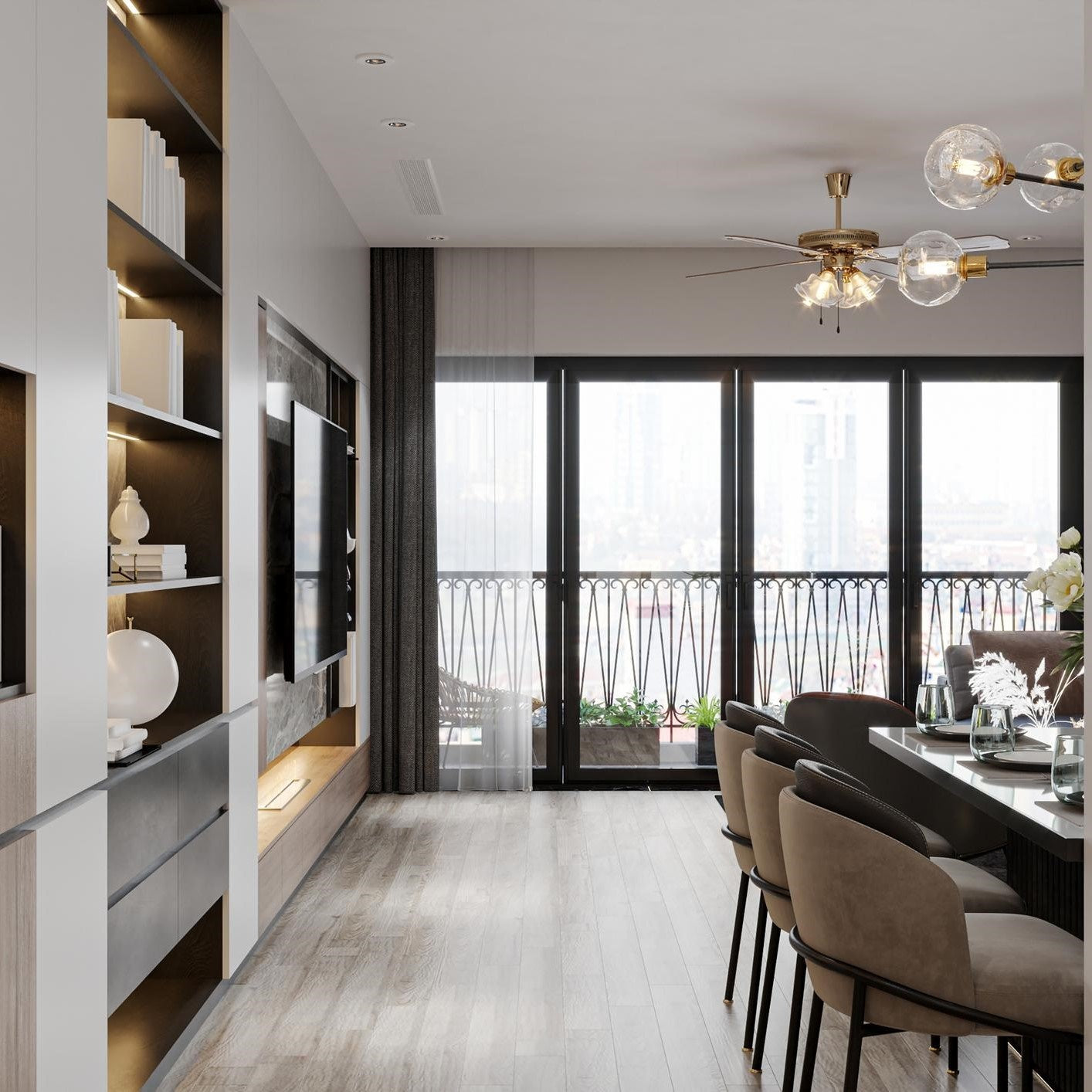 Modern living room with a large window, bookshelf, and dining table.