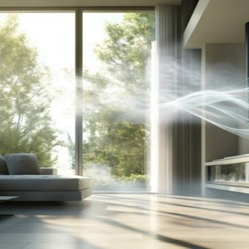 Bright modern living room with clean filtered sunlight, symbolizing fresh indoor air quality.