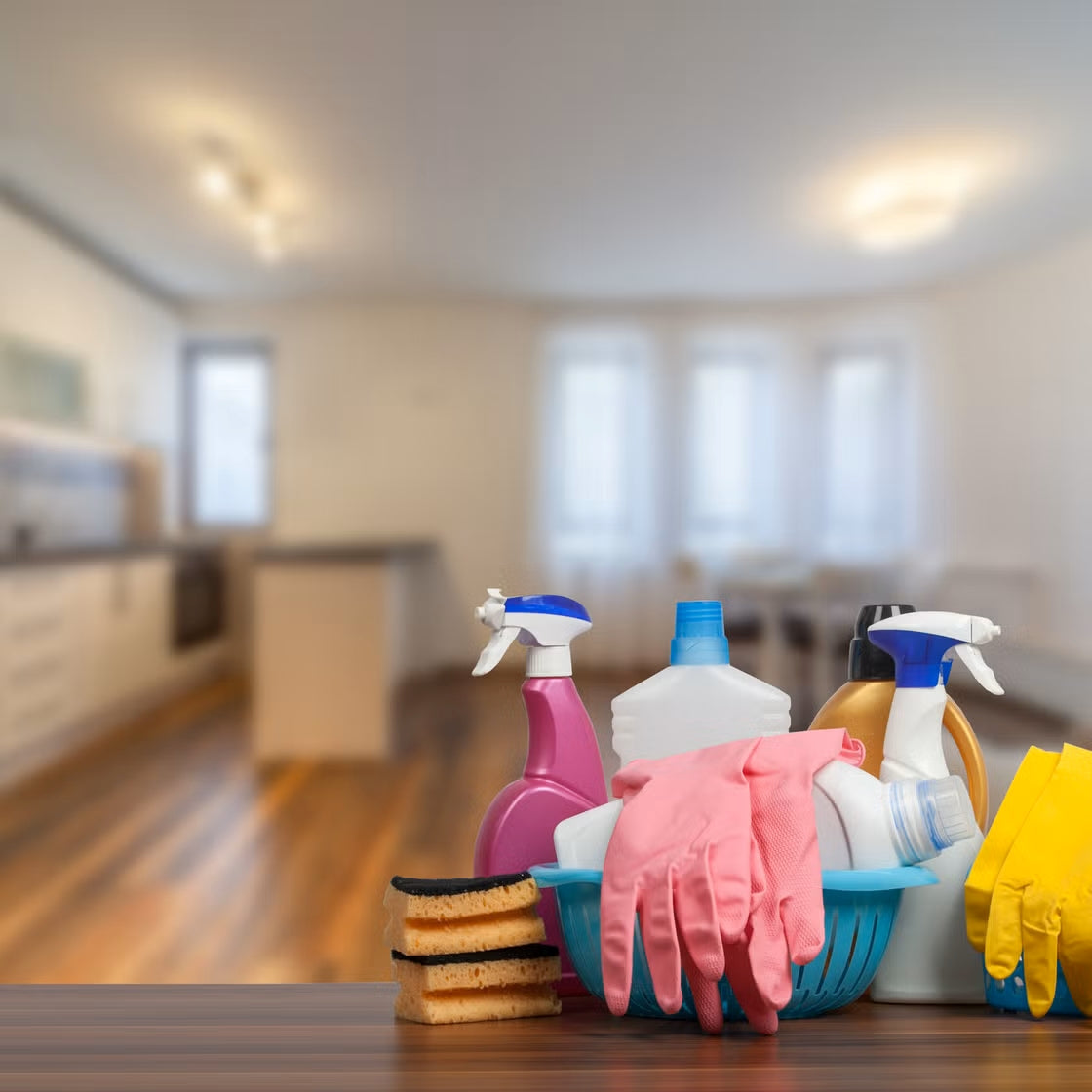Cleaning supplies including bottles, sponges, and gloves on a kitchen counter with a blurred background.