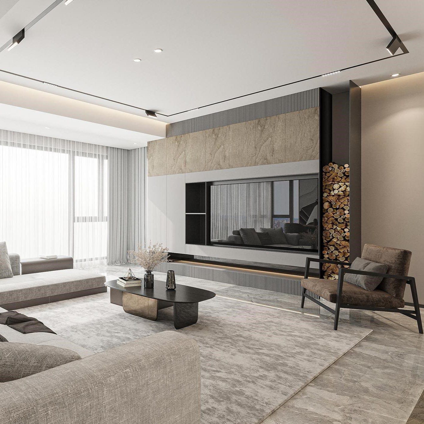 Modern living room with a fireplace, sofa, and coffee table.