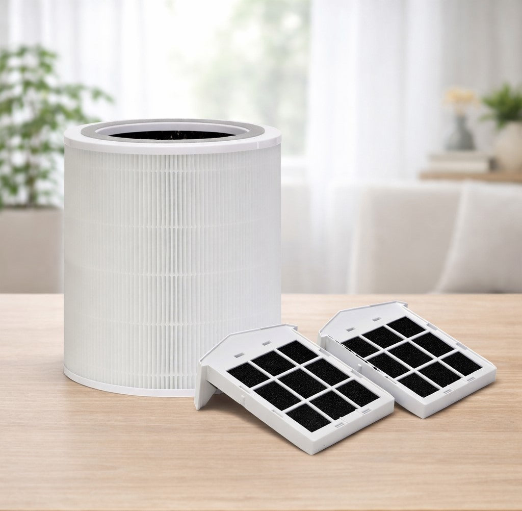 HEPA air purifier replacement filter with two pre-filters on a table
