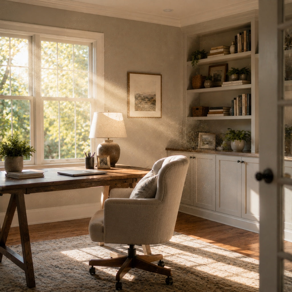 Sunlit home office with airborne allergens and dust particles visible in the indoor air