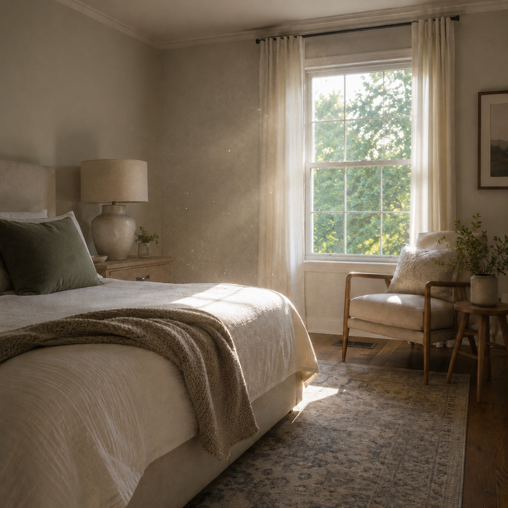 Airborne particles and allergens visible in sunlight inside a closed-window bedroom.