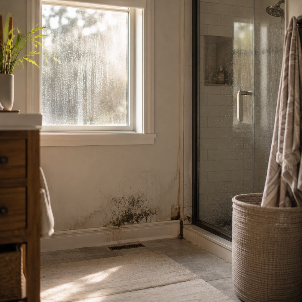 Mold growth and excess moisture near a bathroom wall and shower with visible window condensation.
