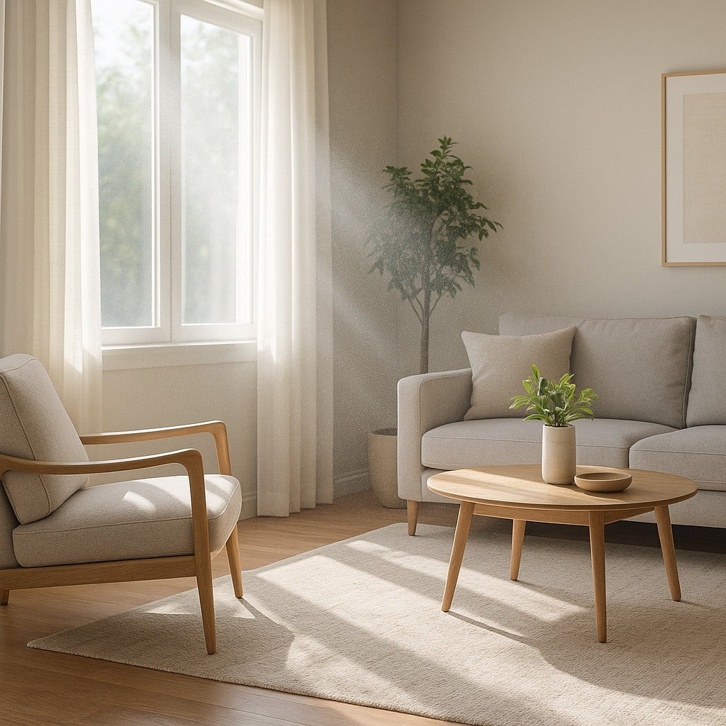 Clean living room with sunlight showing airborne particles illustrating mold cross-contamination purification