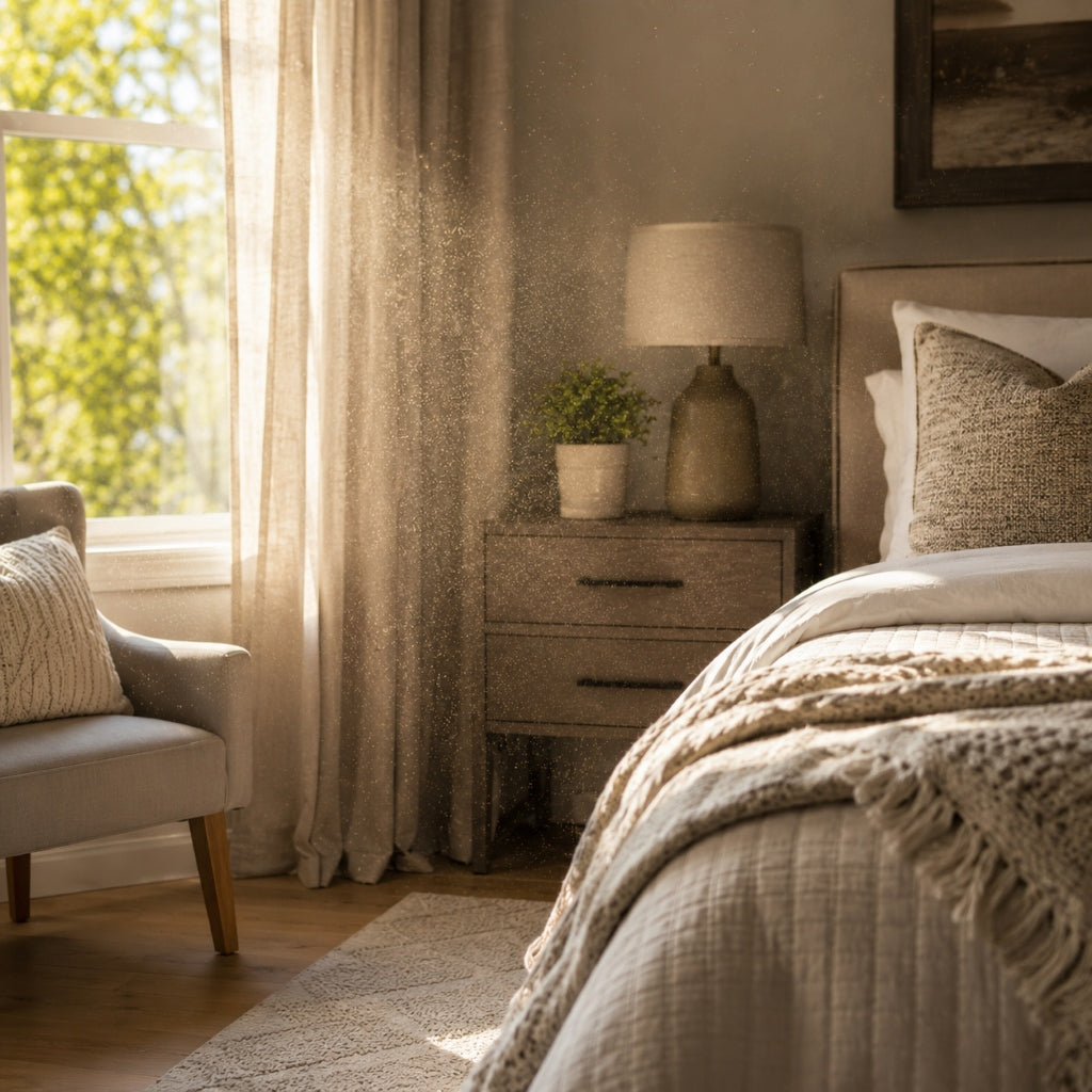 Dust, pet dander, and trapped household particles floating in sunlit bedroom air