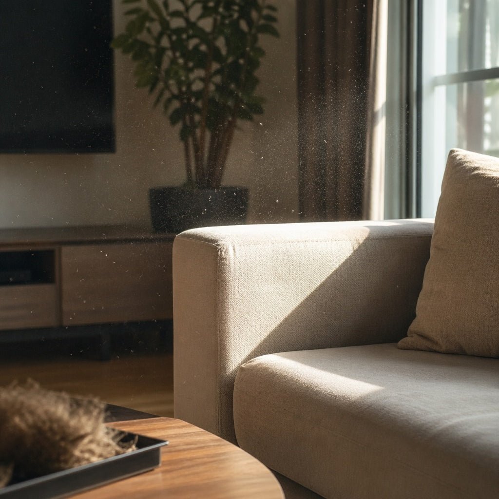 Modern living room with sunlight revealing airborne dust particles after cleaning
