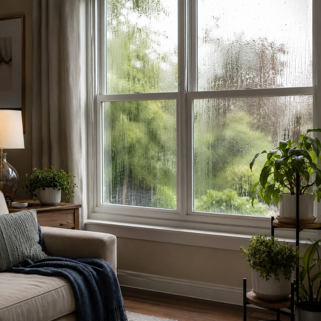 Condensation on a living room window caused by excess indoor humidity and moisture buildup during warm weather.