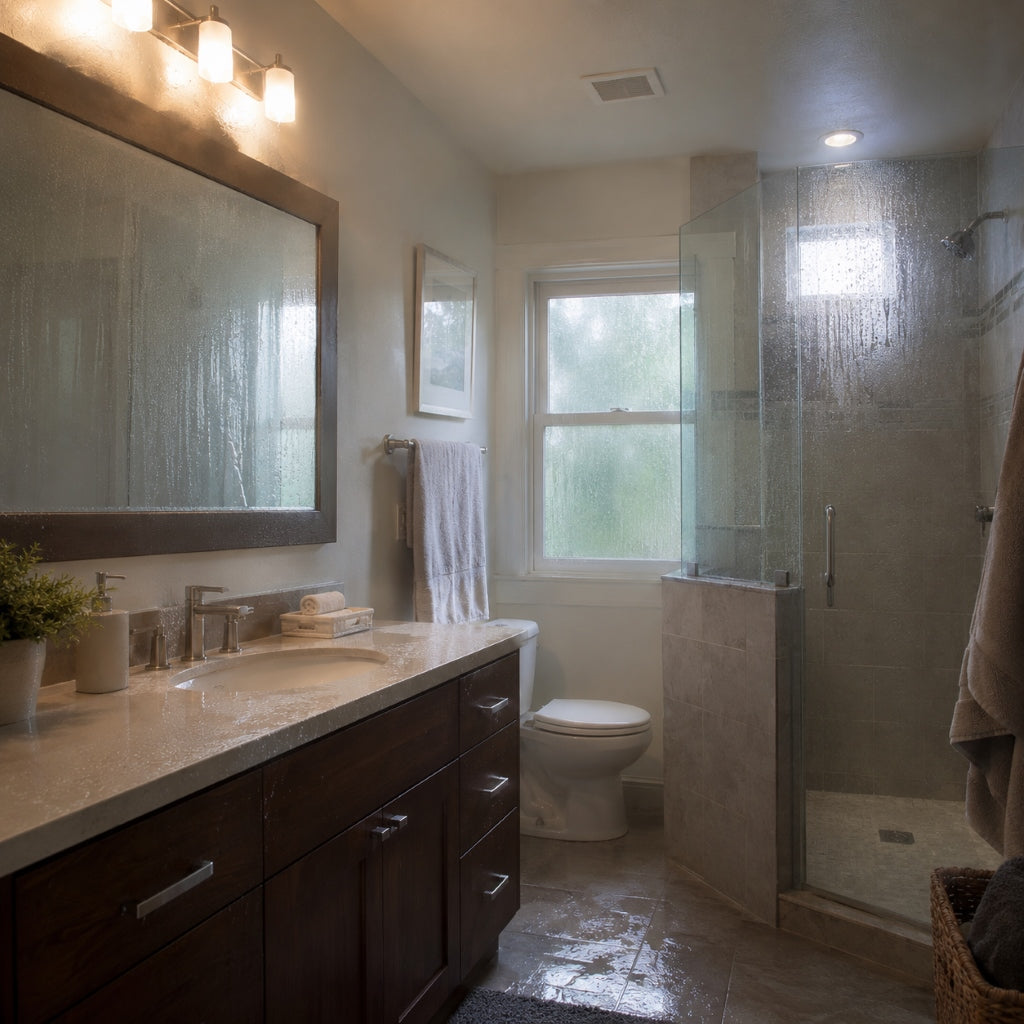 Excess indoor humidity and moisture buildup in a steamy bathroom