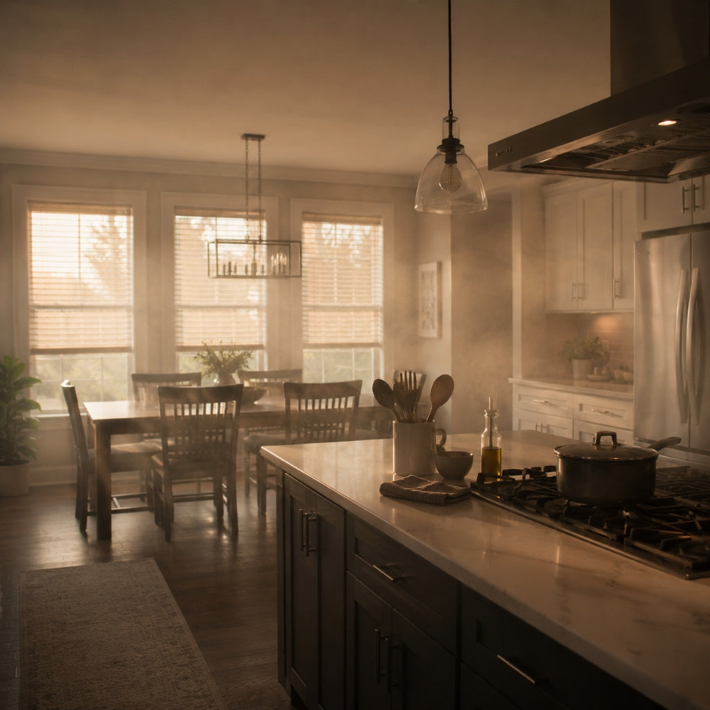Hazy kitchen with cooking smoke, odors, and VOC buildup during extreme summer heat
