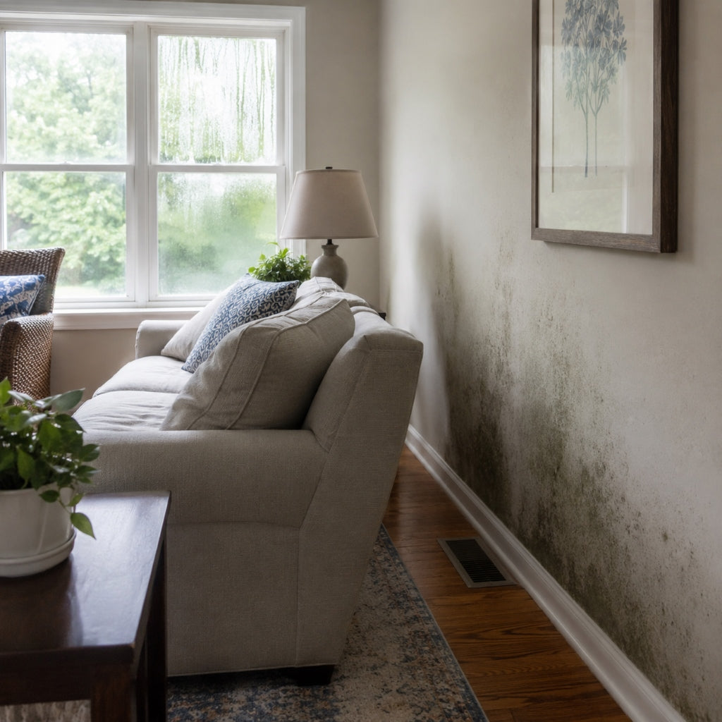Hidden mold growth behind living room sofa caused by summer humidity and poor airflow