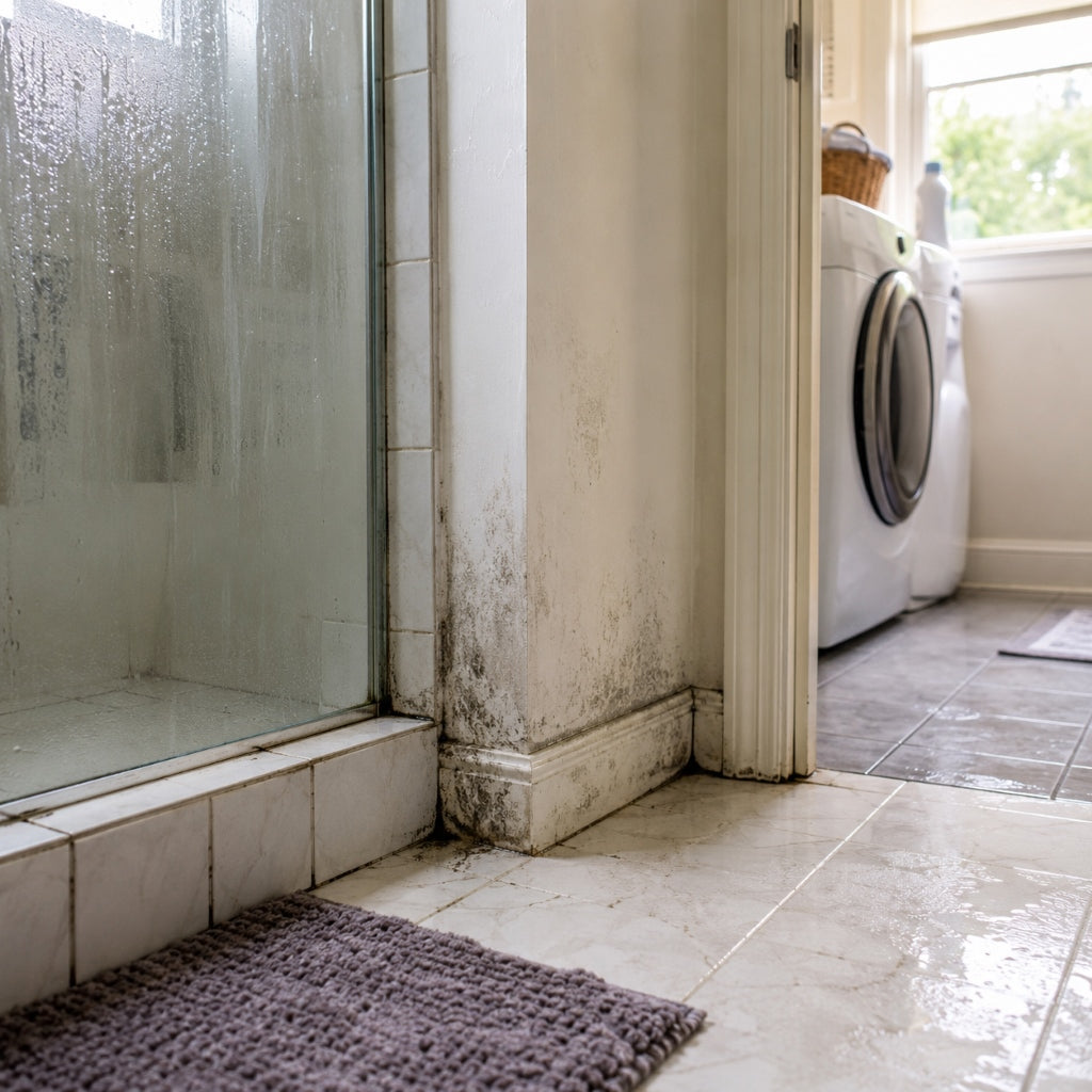 Humidity-related mold and mildew growth near a damp shower and laundry area