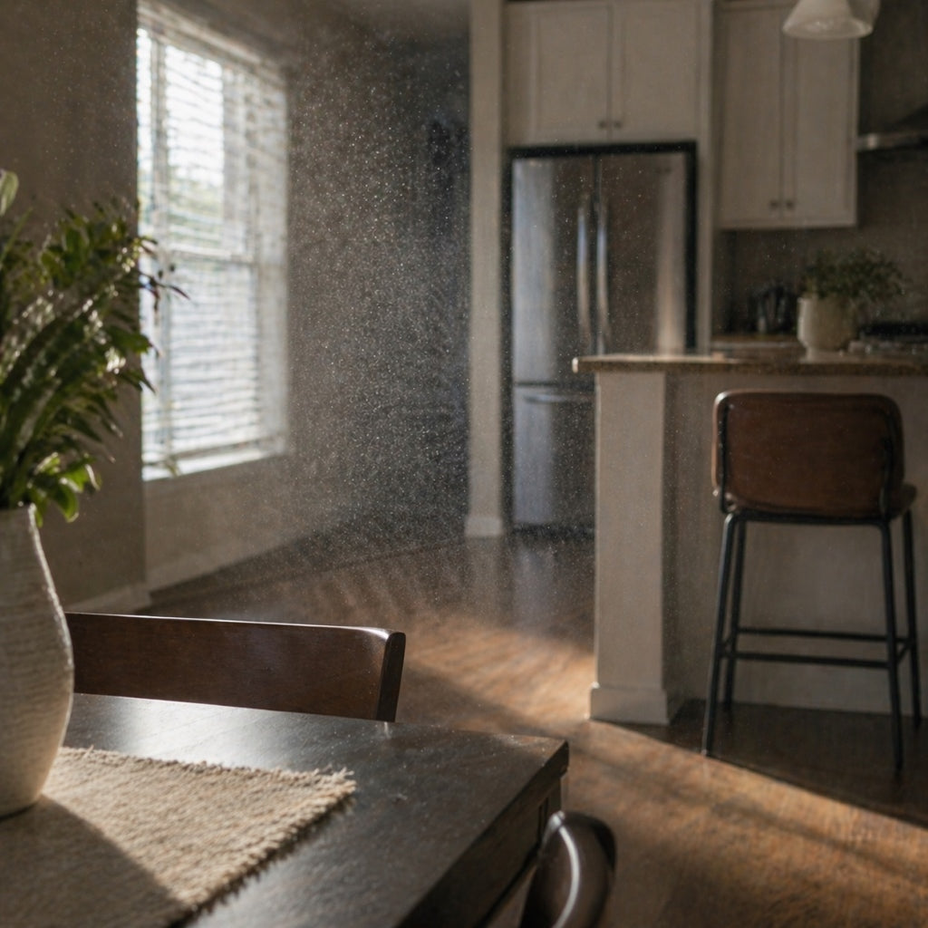 Airborne dust particles circulating in a modern home kitchen with sunlight showing indoor air pollution buildup