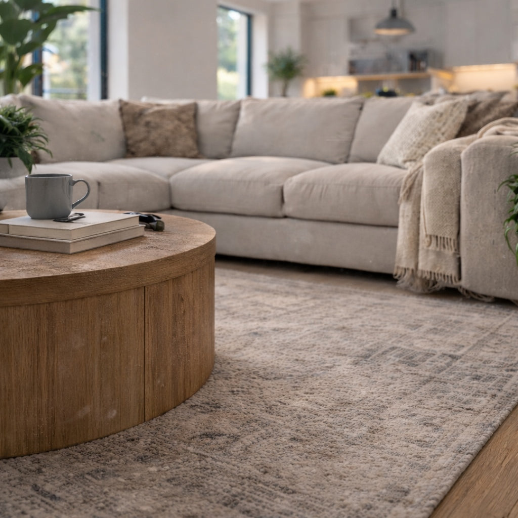 Dust buildup on furniture and rug in modern living room indoor air quality concept