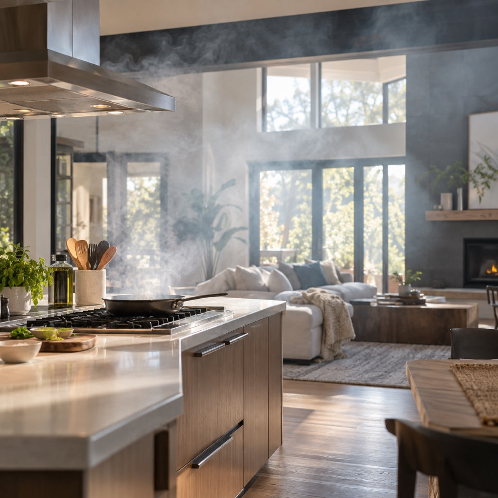Indoor smoke from cooking drifting through a modern home kitchen and living room