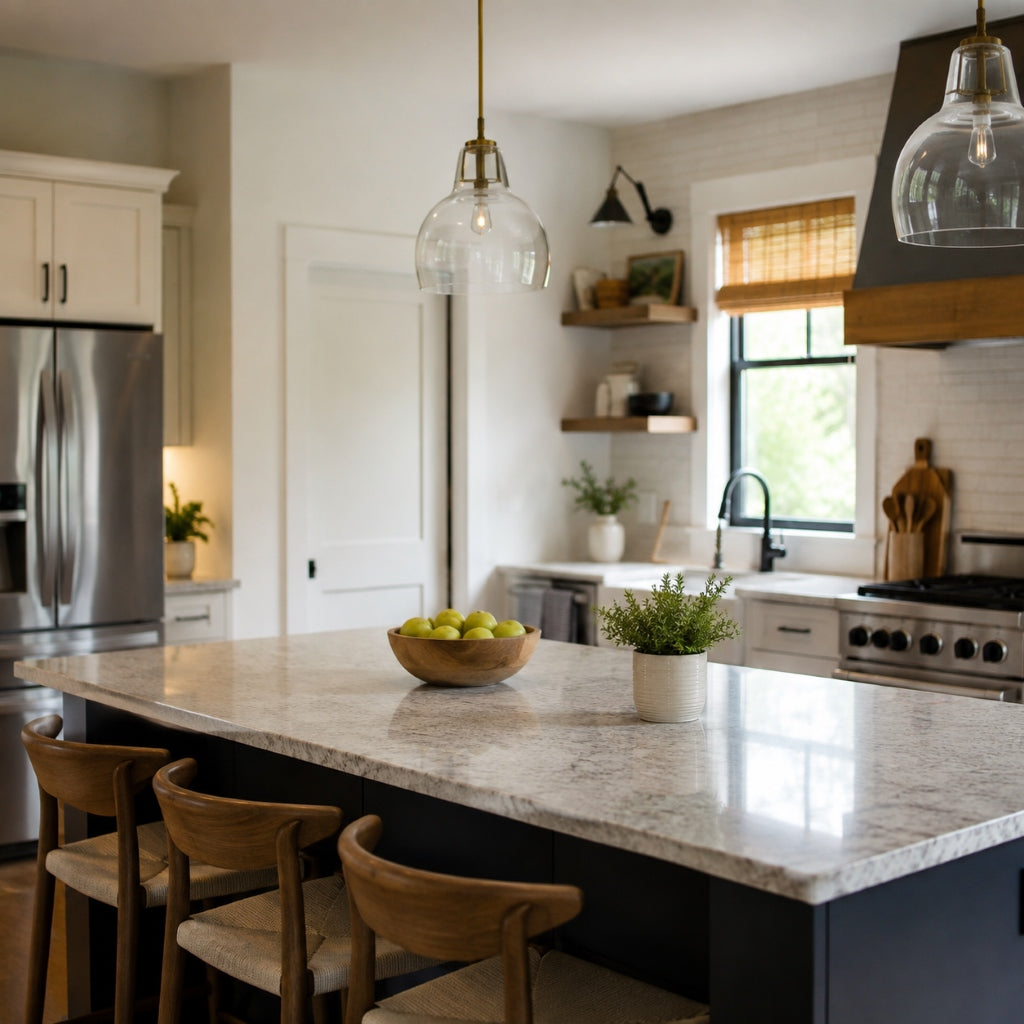Modern American kitchen interior with clean surfaces and natural light, representing indoor air quality in the home
