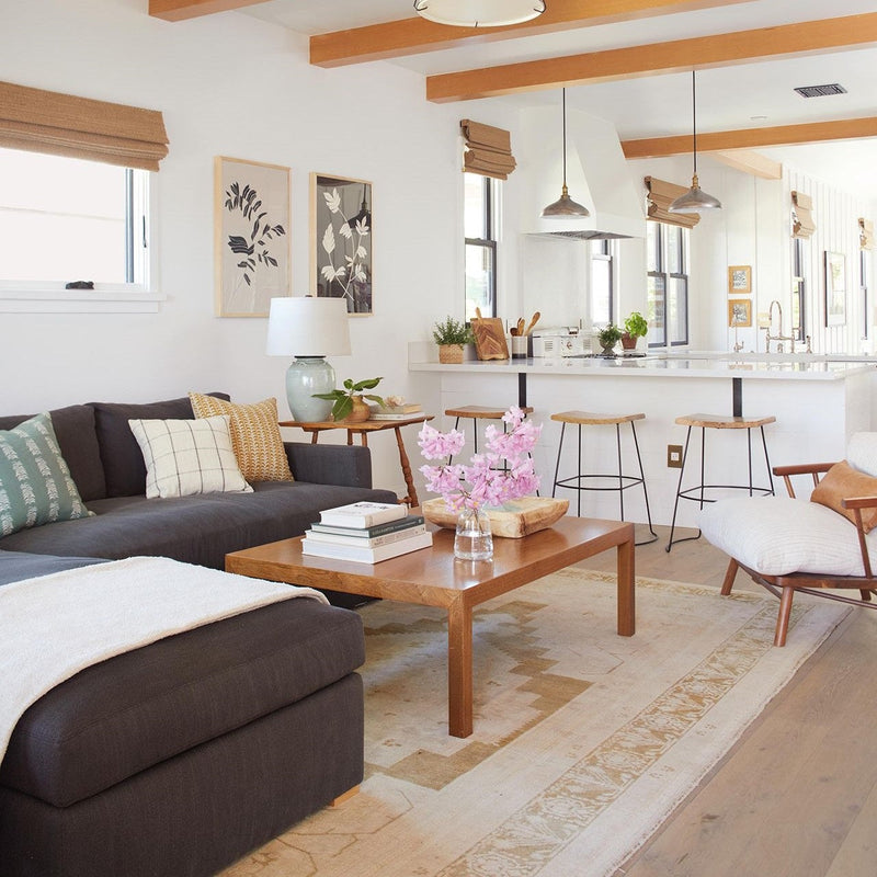 Bright modern American living room with open kitchen and natural light, representing clean indoor air quality during spring allergy season.