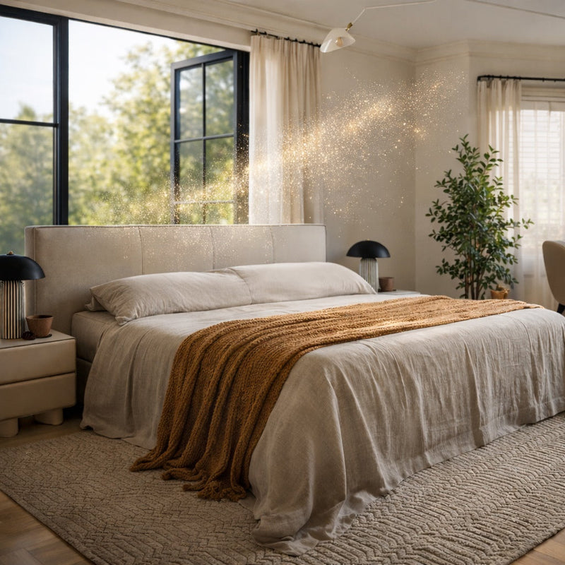 Pollen entering bedroom through open window affecting indoor air quality during allergy season