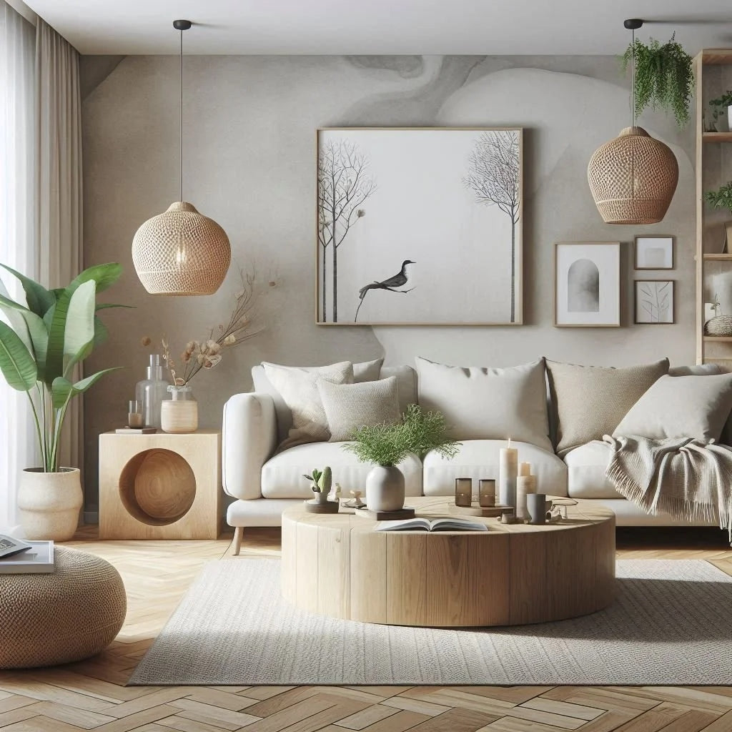 Modern organic living room with neutral tones and natural decor representing clean indoor air quality