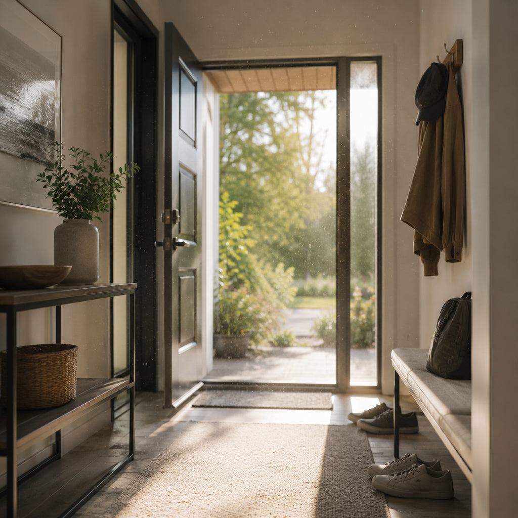 Modern American home entryway with sunlight and airborne outdoor particles entering indoors, illustrating seasonal allergens and indoor air quality concerns.