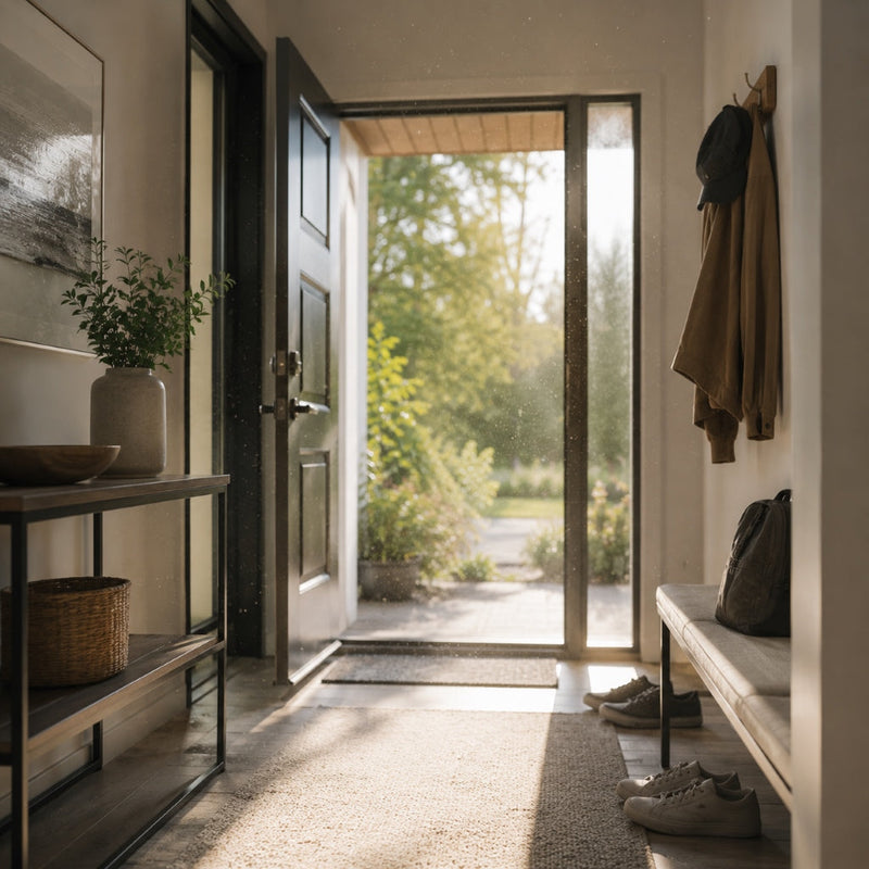 Modern American home entryway with sunlight and airborne outdoor particles entering indoors, illustrating seasonal allergens and indoor air quality concerns.