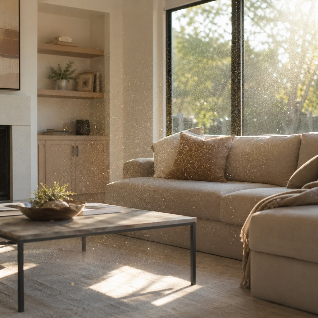 Modern living room with sunlight revealing airborne pollen particles circulating indoors through HVAC system