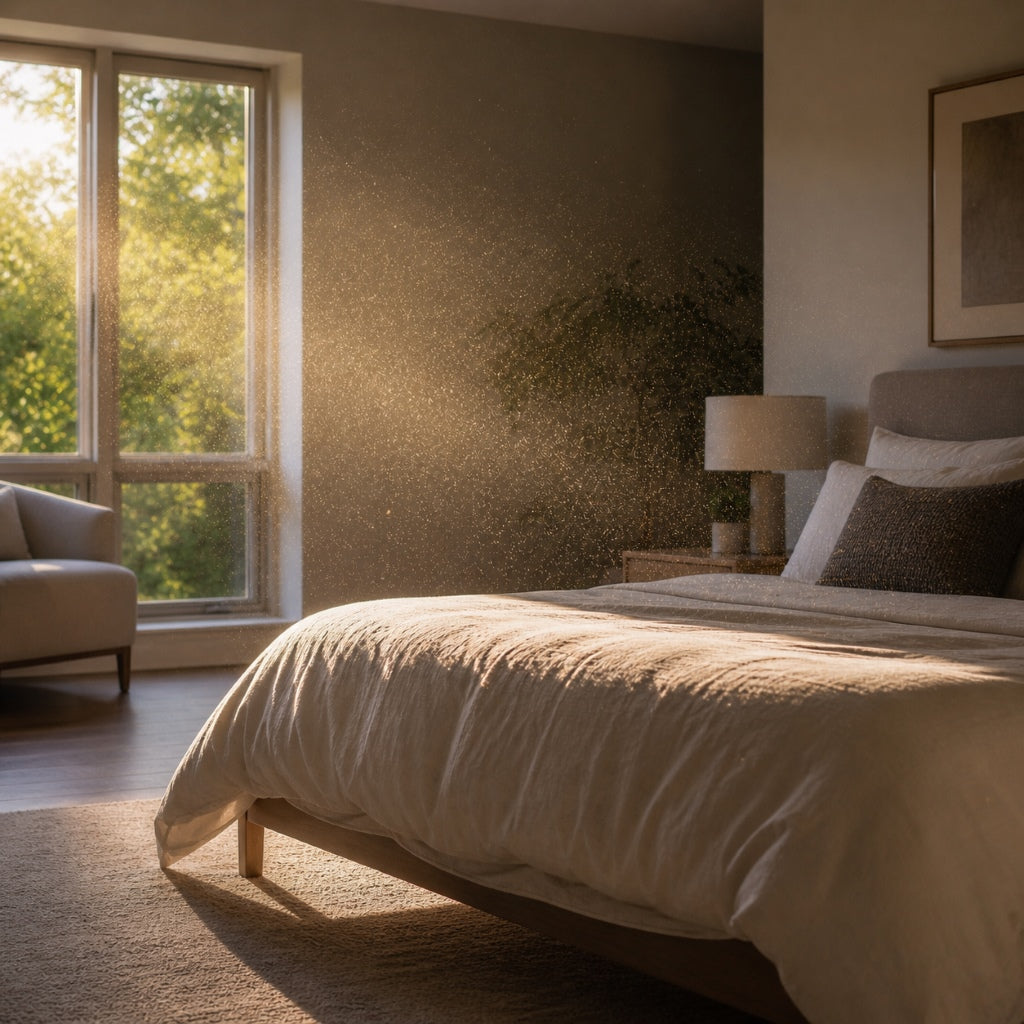 Pollen particles entering a bedroom through sunlight showing indoor air quality during allergy season