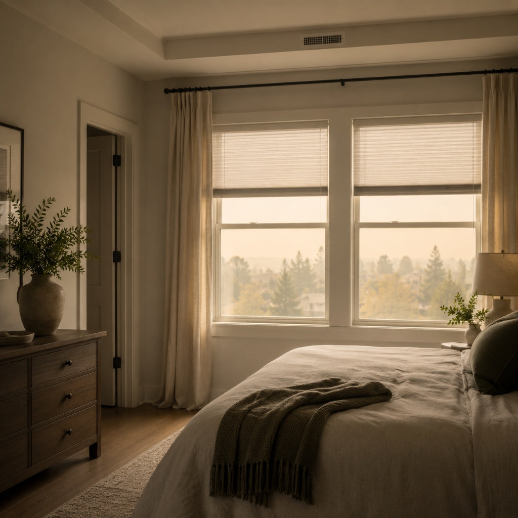 Modern American bedroom with closed windows during a summer heatwave, illustrating poor indoor air circulation and the buildup of smoke particles, VOCs, and indoor pollutants that can reduce indoor air quality.