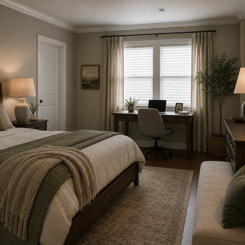 American bedroom and home office with closed windows illustrating poor ventilation and reduced indoor air exchange.