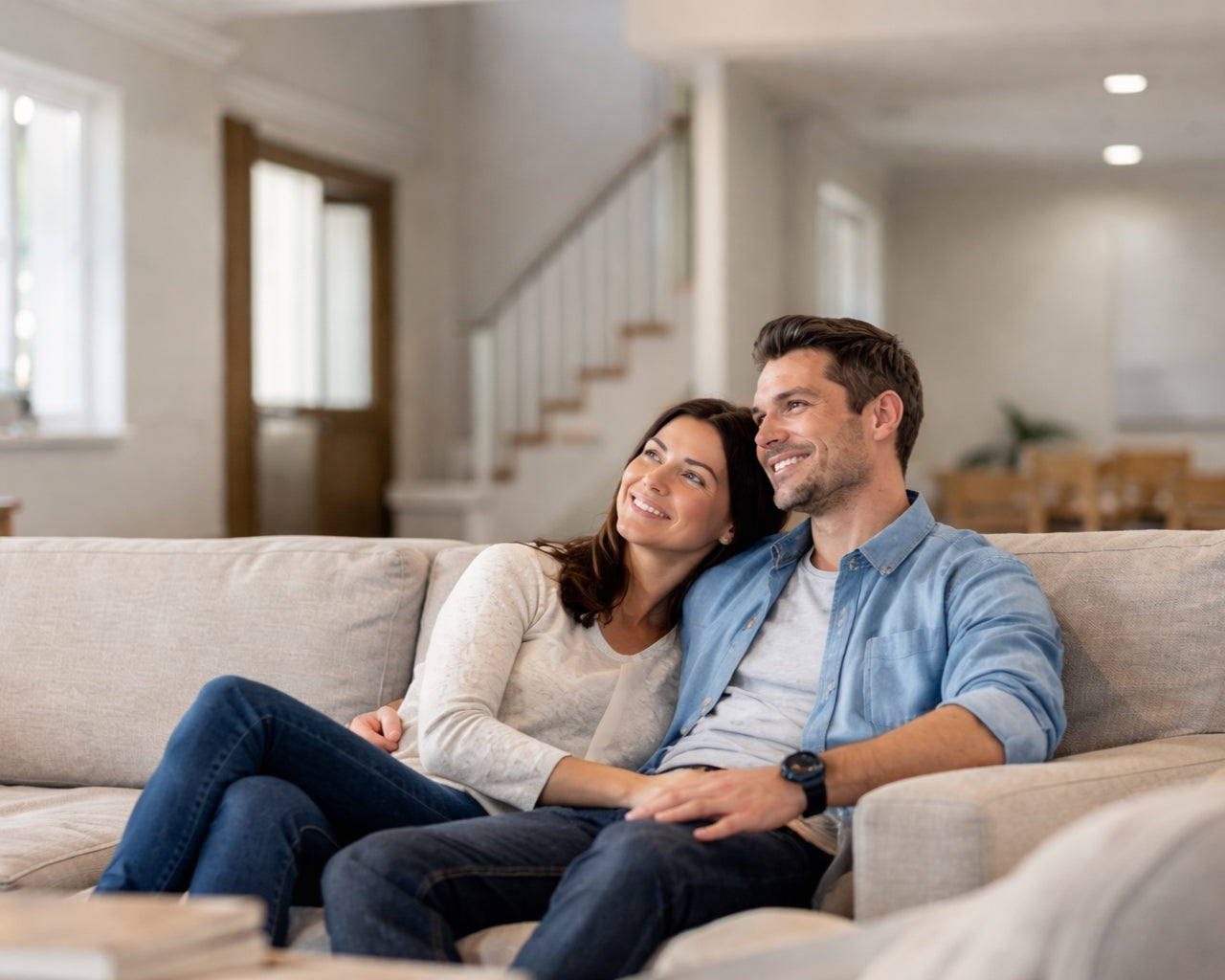 Couple relaxing on a sofa in a bright living room, enjoying a comfortable and healthy home environment with clean indoor air.