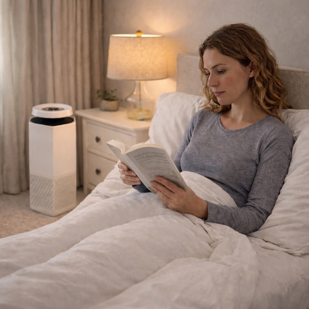 Woman reading in bed beside a Puraclenz Core 750 air purifier in a quiet, softly lit bedroom at night.