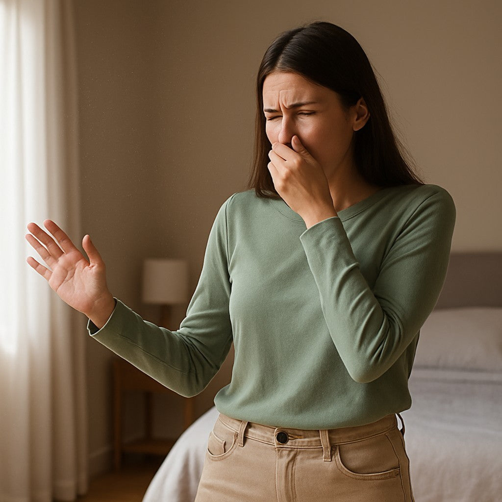 Person entering a bedroom and reacting to an unpleasant indoor odor, suggesting a need to reduce odor-causing pollutants