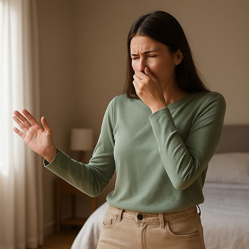 Person entering a bedroom and reacting to an unpleasant indoor odor, suggesting a need to reduce odor-causing pollutants