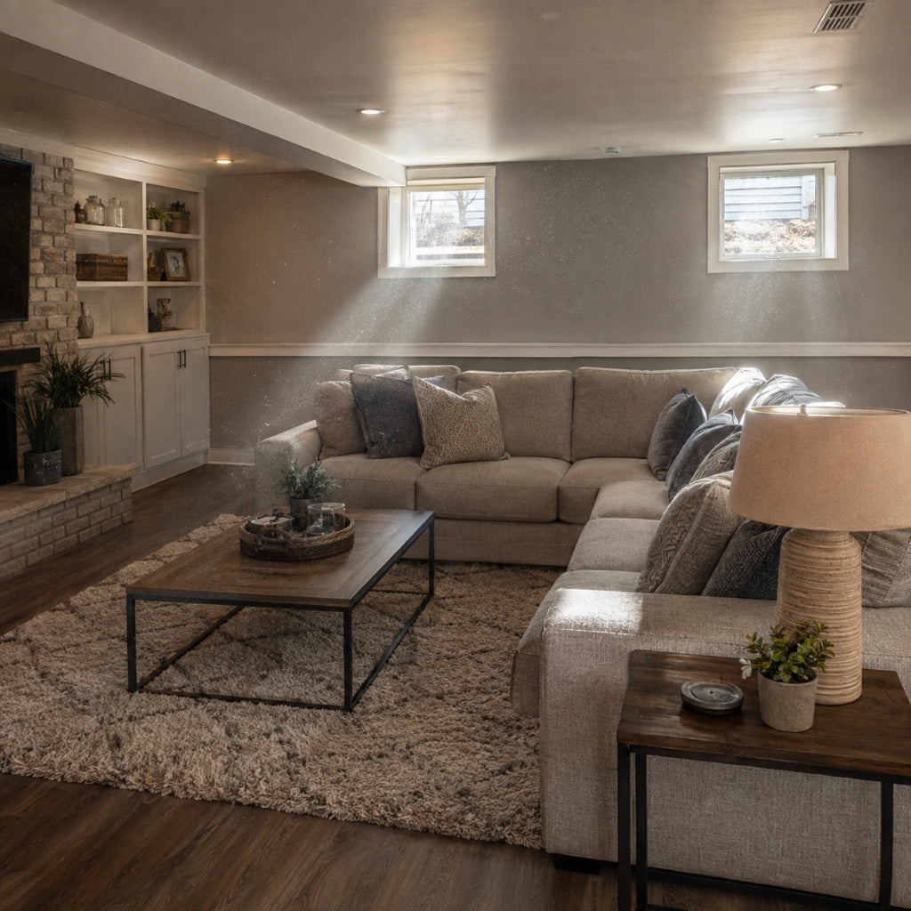 Finished basement living room with airborne mold spores and indoor air pollutants visible in natural light