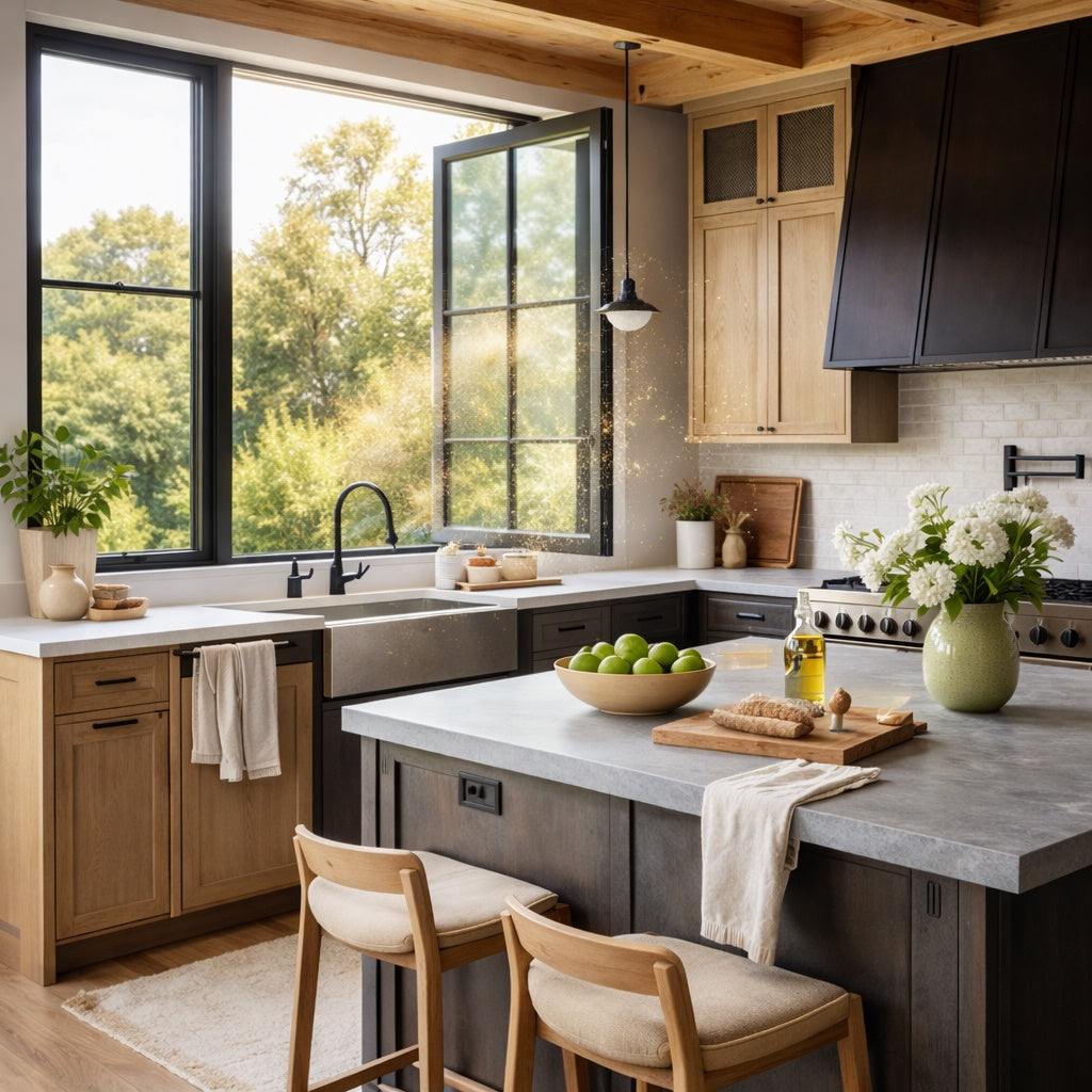Modern kitchen with open window allowing spring pollen to enter, impacting indoor air quality