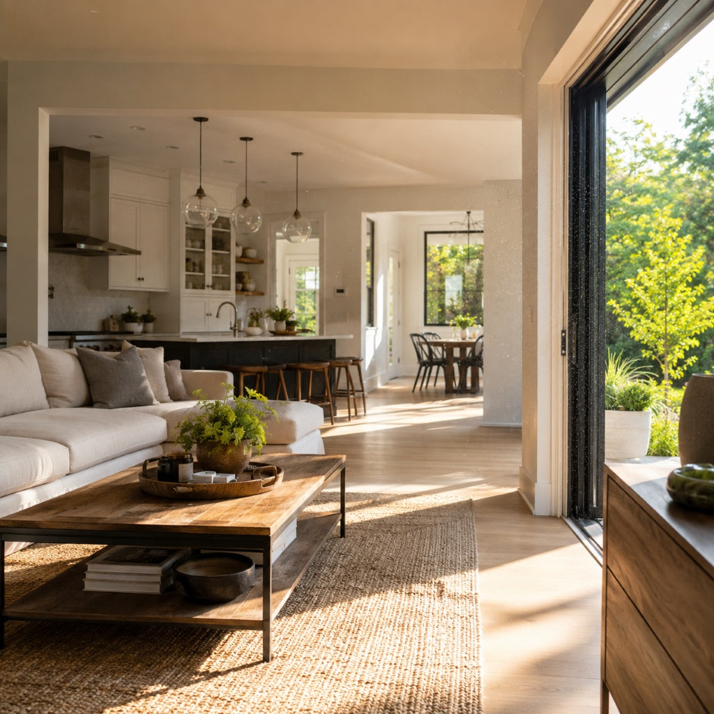 Summer outdoor pollutants entering a bright open-concept home through an open sliding glass door