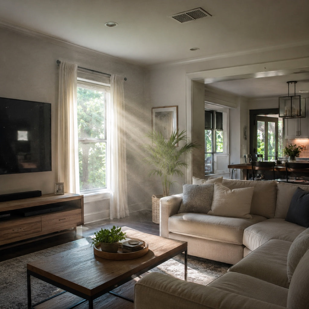 Sunlit living room with visible airborne particles and HVAC vent highlighting summer indoor air quality concerns