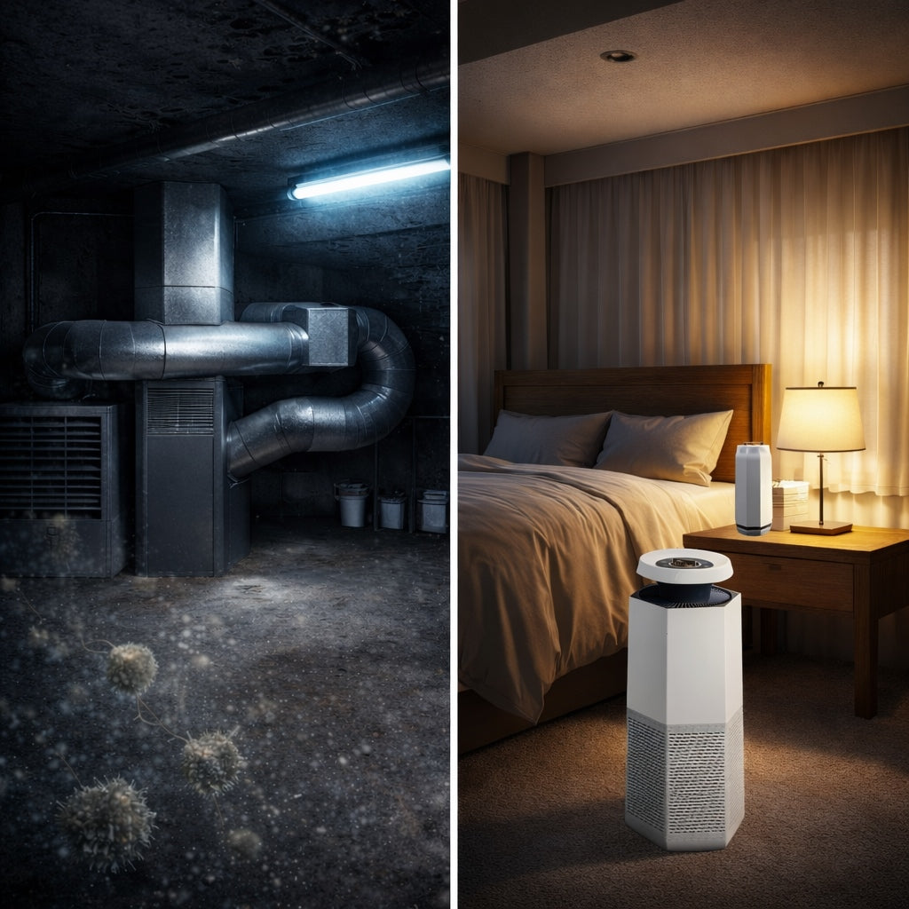 Comparison of mold-contaminated HVAC basement air versus clean bedroom air with portable air purifier improving indoor air quality