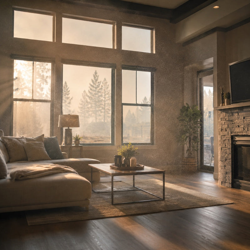 Fine wildfire smoke particles floating in sunlit indoor air inside a modern living room