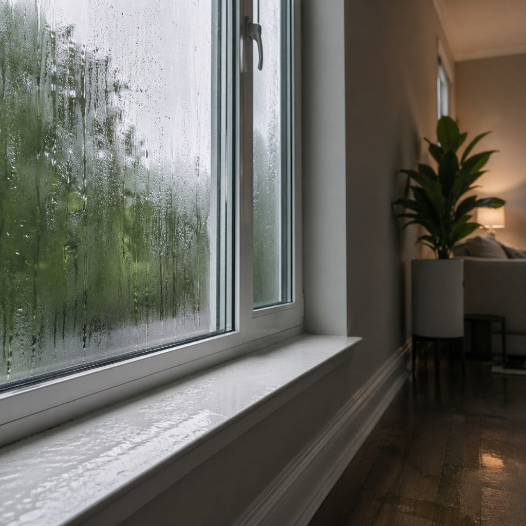 Condensation on indoor window showing high humidity levels and moisture buildup affecting indoor air quality